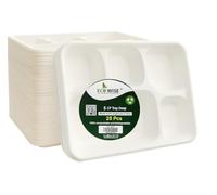 Best House EcoWise - Platos llanos 100% compostables y biodegradables de 5 compartimentos, bandeja de alimentos de 5 piezas, bandejas de papel desechables ecológicas de caña de azúcar (paquete de 25