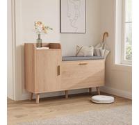 BestAlice - Banco de almacenamiento para zapatos con cajón de solapa, mueble de entrada natural con asiento acolchado, mueble de almacenamiento en forma de L para pasillo, dormitorio, sala de estar
