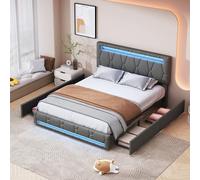 BestAlice Cama acolchada de 140 x 200 cm, cama de matrimonio con 4 cajones y luz LED, moderna cama para adultos y adolescentes con cabecero regulable en altura, con somier de láminas, lino, gris