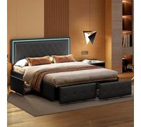 BestAlice Cama acolchada de 140 x 200 cm, cama de matrimonio con 4 cajones y luz LED, moderna cama para adultos y adolescentes con cabecero regulable en altura, con somier de láminas, PU, gris