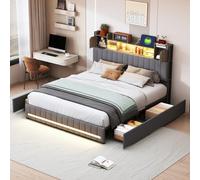 BestAlice Cama acolchada de 140 x 200 cm con LED y puertos USB, cama de matrimonio con 4 cajones, cabecero con contenedor, con somier de láminas, moderna cama para adultos jóvenes, lino, gris