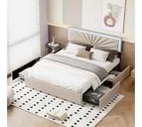 BestAlice Cama acolchada de 160 x 200 cm, cama de matrimonio con 4 cajones y luz LED, moderna cama para adultos y adolescentes con cabecero ajustable, con somier de láminas, lino, beige