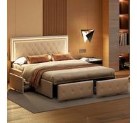 BestAlice Cama acolchada de 160 x 200 cm, cama de matrimonio con 4 cajones y luz LED, moderna cama para adultos y adolescentes con cabecero regulable en altura, con somier de láminas, PU, blanco