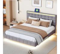 BestAlice Cama acolchada de 160 x 200 cm, cama flotante con LED, cama doble con cabecero ajustable, moderna cama para adultos con somier de láminas, para dormitorio, lino, gris