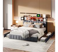 BestAlice Cama acolchada de 160 x 200 cm con LED y puertos USB, cama de matrimonio con 4 cajones, moderna cama para adultos y adolescentes y cabecero con almacenamiento, somier de láminas, lino (negro