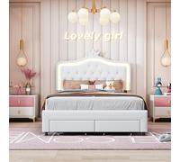 BestAlice Cama acolchada para niñas, 140 x 200 cm, cama tipo corona para princesa, con LED, cama de matrimonio con cabecero ajustable, con somier de láminas, cama para adolescentes, poliuretano, color