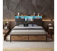 BestAlice Cama con cajones, 160 x 200 cm, cama acolchada con USB y LED, mesita de noche con 4 cajones, cama de almacenamiento para adolescentes, cama doble con somier de láminas de metal, negro (160 x