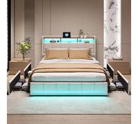 BestAlice Cama con cajones, cama doble de 140 x 190 cm con cabecero LED y compartimentos abiertos, cama tapizada con espacio de almacenamiento y 4 cajones, cama juvenil con somier, lino, beige