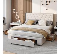 BestAlice Cama con cajones, cama doble de 140 x 200 cm, cama tapizada con espacio de almacenamiento y 3 cajones, cama moderna juvenil con somier, lino, beige