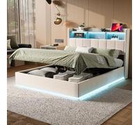 BestAlice - Cama con maletero de 160 x 200 cm, cama de 2 personas con almacenamiento, USB y LED, cama doble con somier de láminas, cabecero con compartimentos de almacenamiento, terciopelo (blanco