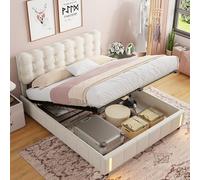 BestAlice - Cama de 140 x 200 cm, cama doble acolchada con iluminación LED somier, tela de terciopelo, con almacenamiento, función hidráulica para adultos, color beige (140 x 200 cm)