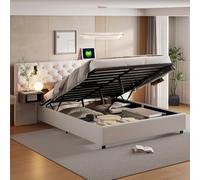 BestAlice Cama de 140 x 200 cm con espacio de almacenamiento, cama acolchada con 2 mesitas de noche, cabecero multifuncional con luz de lectura y estación de carga, cama juvenil, cama de