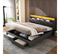 BestAlice Cama de 160 x 200 cm con 2 cajones, cama acolchada con cabecero ajustable, cama doble con LED, marco de cama con somier, cama juvenil para adultos, cama de almacenamiento, lino, gris