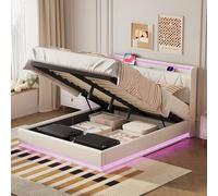 BestAlice Cama de almacenamiento hidráulica de 140 x 200 cm, cama doble tapizada con LED, cama funcional con espacio de almacenamiento y somier, cabecero con compartimento de almacenamiento, cama