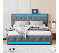 BestAlice cama de matrimonio 140 × 200, paquete suave con USB y LED en la cabeza y la cola, cama contenedor de material lino con 4 cajones de hierro, gris oscuro 140 x 200 (140 × 200)