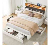 BestAlice Cama de matrimonio con almacenamiento de 140 x 200 cm, con cabecero de almacenamiento, cama para adultos con LED y 4 cajones, carga USB, somier de láminas, terciopelo, color beige