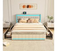 BestAlice Cama doble tapizada de 140 x 200 cm, cama con 4 cajones, estructura de cama con somier, cama juvenil, cama para adultos, cama funcional, lino, beige