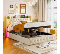 BestAlice Cama doble tapizada de 140 x 200 cm, cama juvenil, cama de almacenamiento hidráulica con LED y función de carga, espacio de almacenamiento abierto cabecero con somier, cama para adultos