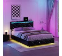 BestAlice Cama doble tapizada de 140 x 200 cm, estructura de cama flotante con cabecero ajustable e iluminación LED, cama funcional para adultos, cama juvenil con somier, cama con somier, cama con