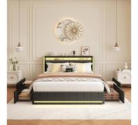 BestAlice Cama doble tapizada de 160 x 200 cm, cama con 4 cajones, estructura de cama con somier, cama juvenil para adultos, cama funcional, lino, gris oscuro