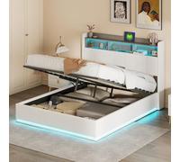 BestAlice Cama doble tapizada de 160 x 200 cm, cama de almacenamiento hidráulica con espacio de almacenamiento abierto, cabecero para jóvenes, cama con somier con LED y base de carga, estructura de