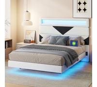 BestAlice Cama doble tapizada de 160 x 200 cm, cama flotante con LED y columna de carga, cama juvenil, cabecero alto combinable, marco de cama para adultos con somier, terciopelo, beige y negro