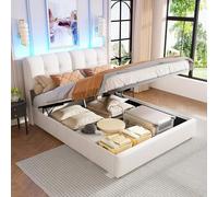 BestAlice Cama matrimonial acolchada 140 x 200 cm, moderna cama con almacenamiento con iluminación LED, cabecero suave, con almacenamiento, cama para adultos con somier de láminas, terciopelo, beige