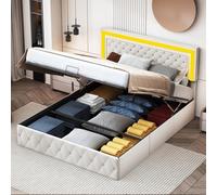 BestAlice Cama matrimonial acolchada 140 x 200 cm, moderna cama con almacenamiento con LED, cabecero ajustable, con almacenamiento, cama para adultos adolescentes con somier de láminas, terciopelo