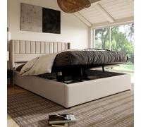 BestAlice Cama matrimonial acolchada de 160 x 200 cm, cama con espacio de almacenamiento, cama para adultos con somier de láminas de madera, lino, beige