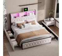 BestAlice Cama matrimonial acolchada de 180 x 200 cm, cama de almacenamiento beige con mesita de noche LED y USB, material de terciopelo suave, cama tipo saco con 4 cajones (180 x 200 cm)