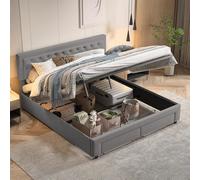BestAlice Cama matrimonial tapizada 160 x 200 cm, moderna cama con 2 cajones, cabecero suave, con almacenamiento, cama para adultos con somier de láminas, terciopelo, gris