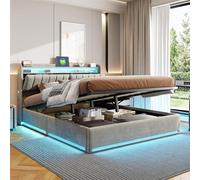 BestAlice Cama tapizada de 140 x 190 cm con estación de carga y LED, cama doble con espacio de almacenamiento, cabecero y estantes abiertos de dos niveles, cama de almacenamiento hidráulico