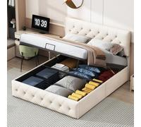 BestAlice Cama tapizada de 140 x 200 cm con espacio de almacenamiento, cama con ajuste de altura hidráulica y cabecero ajustable, cama doble con somier, cama juvenil con función de almacenamiento