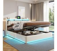 BestAlice Cama tapizada de 160 x 200 cm, cama doble con LED, con somier, cama juvenil con espacio de almacenamiento, cama de almacenamiento hidráulica, respaldo con somier, terciopelo beige