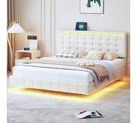 BestAlice Cama tapizada de 160 x 200 cm, cama flotante con LED, cama doble con cabecero ajustable, moderna cama para adultos con somier de láminas, para dormitorio, lino, beige