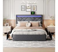 BestAlice Cama tapizada de 160 x 200 cm con 4 cajones, cama doble de lino con cabecero LED ajustable y estación de carga, marco de cama juvenil, cama de almacenamiento con somier para habitaciones