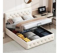 BestAlice Cama tapizada de 160 x 200 cm con espacio de almacenamiento, cama con ajuste de altura hidráulica y cabecero ajustable, cama doble con somier, cama juvenil con función de almacenamiento