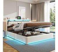 BestAlice Cama tapizada de 160 x 200 cm con estación de carga y LED, cama juvenil, cama doble con cabecero con espacio de almacenamiento y estantes abiertos de dos niveles, cama de almacenamiento
