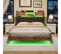 BestAlice Cama tapizada de 160 x 200 cm con LED, somier de láminas de metal, cama doble con compartimento de almacenamiento, cabecero con espacio de almacenamiento oculto, cama juvenil para adultos