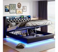 BestAlice Cama tapizada de 160 x 200 cm, doble estantes abiertos con LED, cama de almacenamiento hidráulico de 160 x 200 cm, estructura de cama flotante con espacio de almacenamiento, cama juvenil con