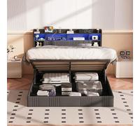 BestAlice Cama tapizada doble de 140 x 200 cm con LED, USB C, cama hidráulica con espacio de almacenamiento y cabecero, estructura de cama con marco de metal, caja de cama y somier, lino (gris, 140 x