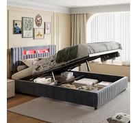 BestAlice Cama tapizada para cama doble de 140 x 200 cm, con espacio de almacenamiento hidráulico con LED, cama con espacio de almacenamiento y cabecero de estantes, cama para adultos, cama juvenil