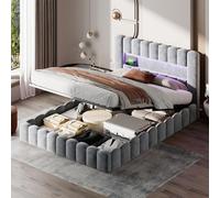 BestAlice Cama tapizada para cama doble de 140 x 200 cm, espacio de almacenamiento hidráulico con LED, cama juvenil, estructura de cama con somier, lino, gris, sin colchón