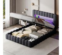 BestAlice Cama tapizada para cama doble de 140 x 200 cm, espacio de almacenamiento hidráulico con LED y USB, cama juvenil, con somier, lino, gris, sin colchón