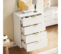 BestAlice Cómoda con 4 cajones, mesa auxiliar, armario con asas y patas de metal, armario de almacenamiento con patrón de ondas, aparador, armario estrecho para dormitorio, pasillo, color blanco