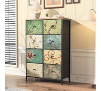 BestAlice Cómoda de almacenamiento floral vintage, armario organizador de almacenamiento de 8 cajones con contenedores de tela, parte superior de madera, marco de metal para dormitorio, sala de estar