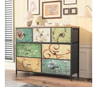 BestAlice Cómoda de almacenamiento floral vintage, organizador de almacenamiento de 7 cajones con contenedores de tela y parte superior de madera, marco de metal para dormitorio, sala de estar