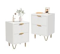 BestAlice Juego de 2 mesitas de noche, mesitas de noche blancas con panel estriado, juego de 2 mesas auxiliares de sofá de granja y cama, mesa auxiliar de madera para espacios pequeños (2-DRWH)