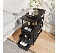 BestAlice Mesita de noche de madera con 3 cajones, mesa auxiliar para sofá con función de carga y LED, mesa de consola con cajón, muebles con enchufe, mesa auxiliar para salón, dormitorio, color negro