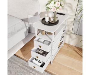 BestAlice Mesita de noche de madera con 3 cajones, mesa auxiliar para sofá con función de carga y LED, mesa de consola con cajón, muebles con enchufe, mesa auxiliar para salón, dormitorio, color